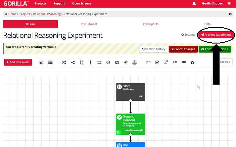 a screenshot of the Experiment Builder. The red preview button in the top-right corner is highighted with a black arrow.